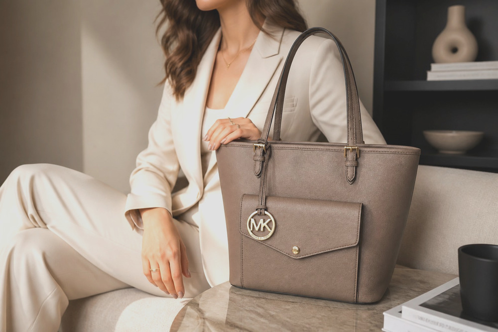 Michael Kors Jet Set Saffiano Leather Medium Pocket Tote Bag Handbag Taupe MK